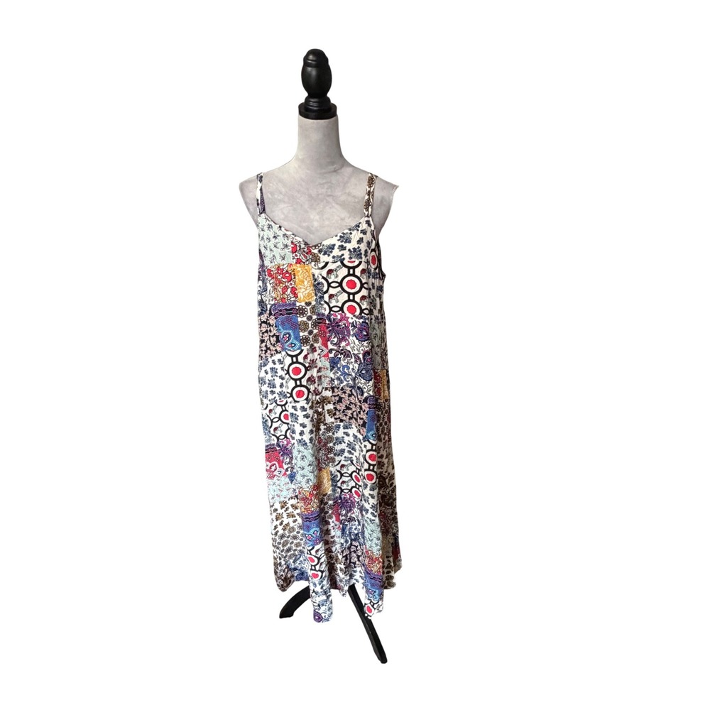 For The Republic Womens XL Patchwork Print Maxi Dress Boho Rayon V-Neck Multi